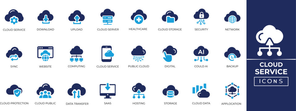 Cloud Services solid icon set. Icons of storage, backup, hosting, security, data transfer, network, connect, security, PaaS, IaaS, cloud computing platform and more
