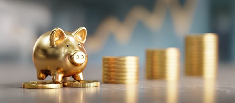 Golden piggy bank standing near growing stacks of gold coins and chart