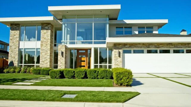 Luxurious Modern Home with Stone Exterior, Large Windows, and Lush Green Lawn on a Sunny Day