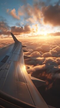 Airplane wing flying above clouds sunset.