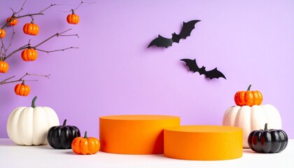 "A festive Halloween setup with three orange podiums, pumpkins in white and black, hanging jack-o&rsquo;-lanterns, and black bats on a purple wall, symbolizing spooky celebration."