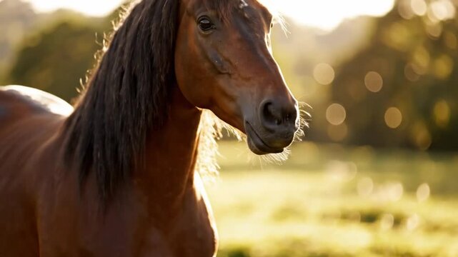 Graceful brown horse with flowing mane stands peacefully in a golden field during sunset, capturing natural beauty