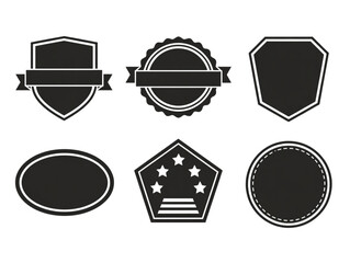 Set of six minimalist black icons, featuring vintage badge, shield, and circular labels for decorative branding