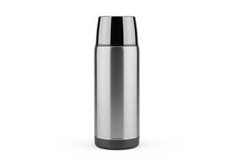 Stainless steel insulated thermos bottle for hot and cold beverages isolated on white background