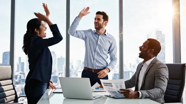 Diverse professional team celebrating corporate success in modern office with high five gesture during business meeting holding laptop showing achievement and happiness within creative workspace