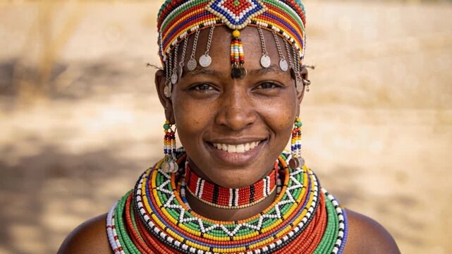 African woman smiling wearing traditional bead necklace tribal jewelry happy portrait heritage sunny outdoor colorful pattern ethnic culture face skin