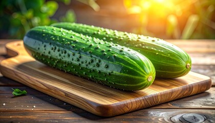 A fresh cucumber resting on a wooden board&hellip;