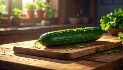 A fresh cucumber resting on a wooden board&hellip;