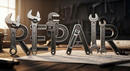 Creative Repair Word Art with Tools on a Wooden Surface.