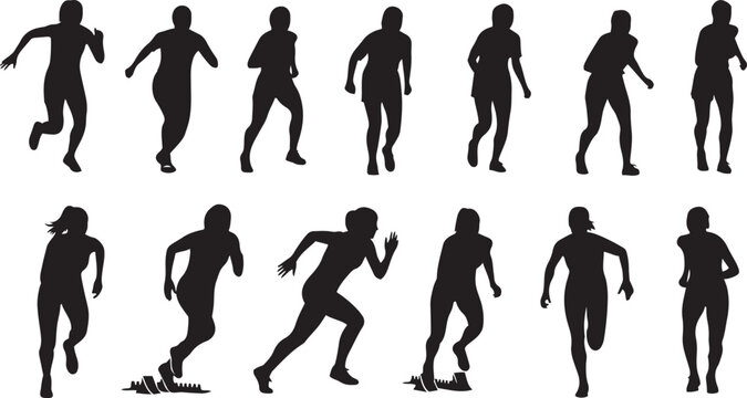 Collection of black female runner silhouettes in various running poses running woman athlete track and field