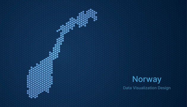 Norway map in hexagon grid style, abstract blue data background design.