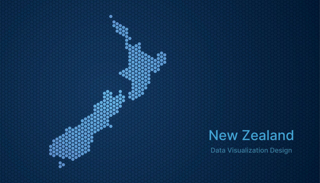 New Zealand map in hexagon grid style, abstract blue data background design.