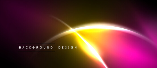 Naklejka premium Abstract vibrant design features flowing lines, gradients. Pink, yellow hues dominate dark background. Text reads background design.