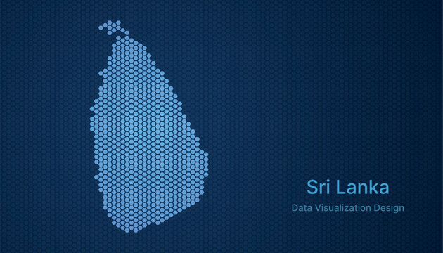 Sri Lanka map in hexagon grid style, abstract blue data background design.