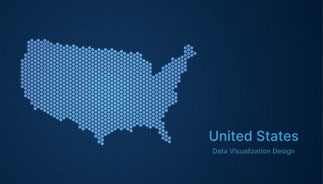 United States map in hexagon grid style, abstract blue data background design.