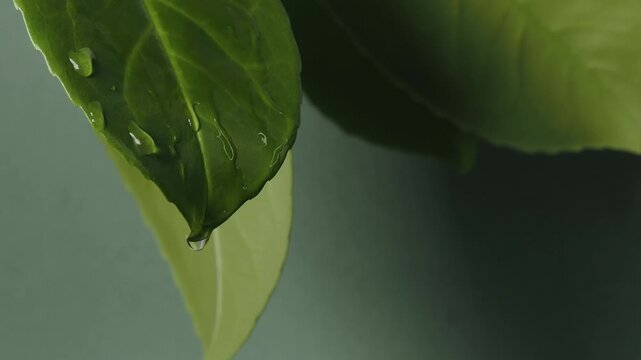 Close up of rain dropping on green laurel leaves