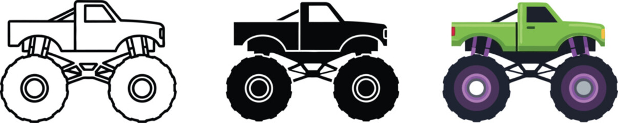 Collection of monster truck icons in outline silhouette and color vector styles for automotive and adventure themes © Ahmad