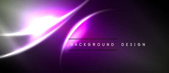 Abstract purple design features flowing lines, bright light flare. Background includes text background, design. Dark edges frame vibrant center.