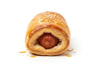 Golden baked sausage roll with sesame seeds close up isolated on white background