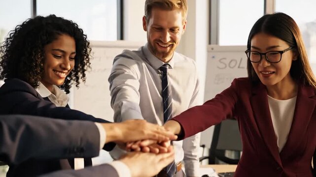 Diverse professional team smiling during celebratory handstack in modern corporate office, marking real estate project success and profitable business partnership achievement.