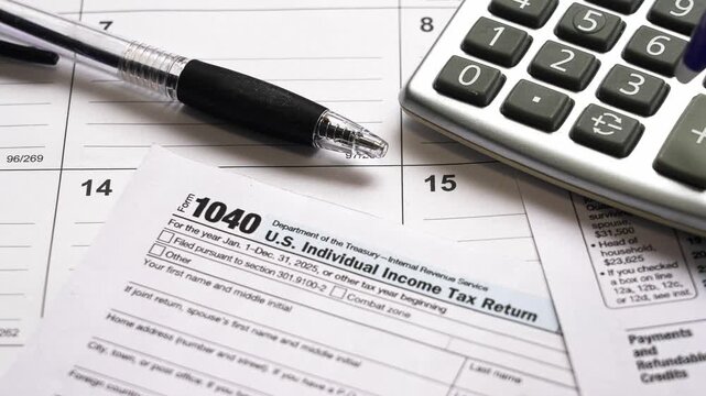 Taxpayer calculating finances to file the annual federal income tax return. Form 1040 document from the irs lies on a desk with a calculator