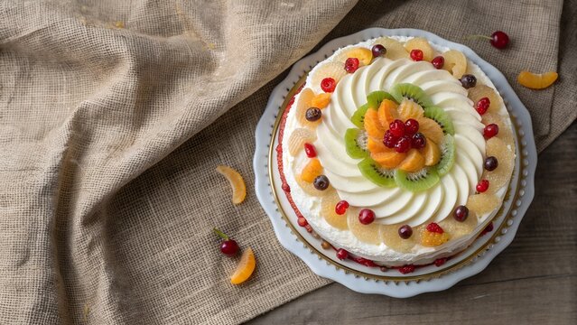 Overhead shot of cassata cake candied fruit arranged in spiral. rustic linen cloth. copy space