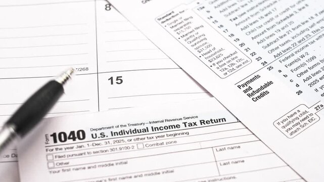 Blank american 1040 individual income tax return form on a desk. Close-up view of the irs document with a pen, ready for filing taxes