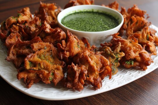Platter of Golden Fried Vegetable Pakoras Served with a Bowl of Vibrant Green Chutney vegetable fritters