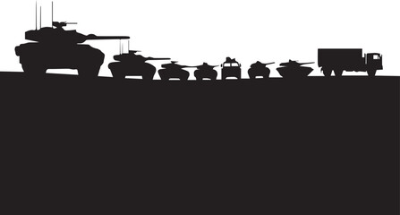 Obraz premium Military vehicles silhouette including tanks and truck vector illustration