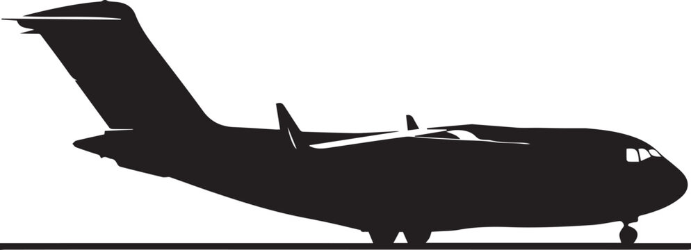 Military transport aircraft vector silhouette illustration with landing gear and tail fin