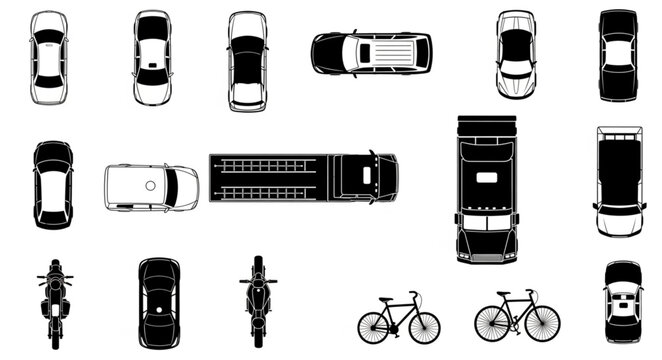 Collection of vehicle icons seen from above top view.