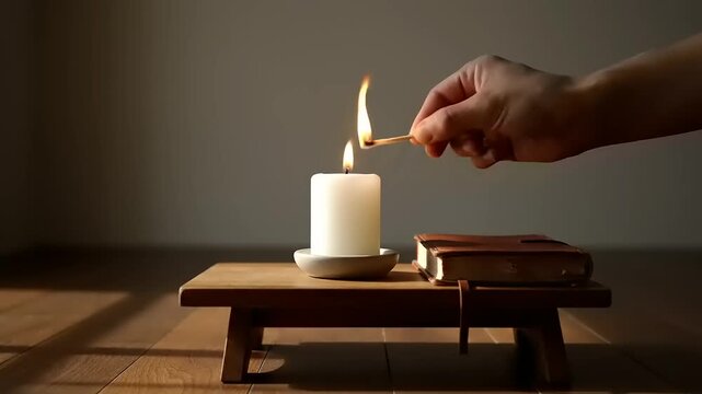 Hand Lighting Candle on Wooden Stand.