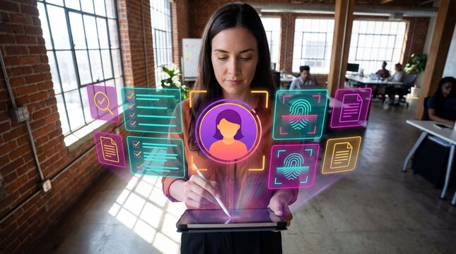 Businessman using digital identity verification interface, KYC documents, and approve online profiles, representing secure authentication and onboarding in digital business platforms.