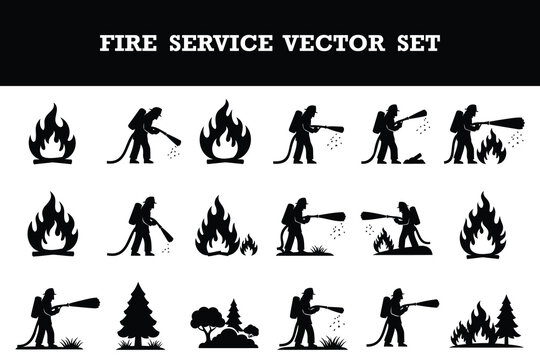 Comprehensive collection of firefighter icons and fire service vector illustrations showing firefighters extinguishing flames and forest fires isolated