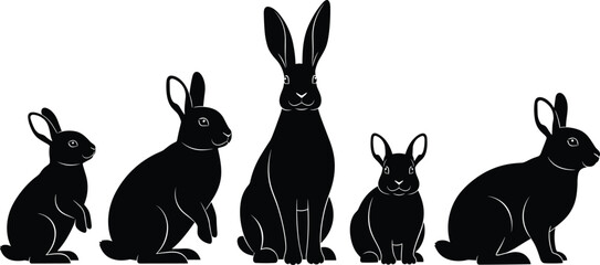 Set Of White Outline Rabbit Silhouettes In Various Poses For Easter Holiday Garden Nature Wildlife Or Cute Animal Bunny Pattern Concept Vector Illustration Isolated On White © Shuvo's World