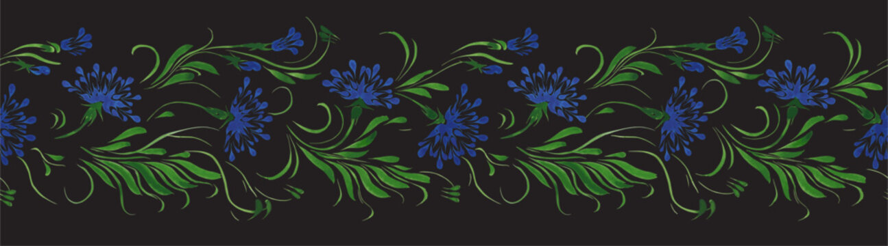 Vector floral seamless border pattern from hand painted blue carnation flowers on a black background