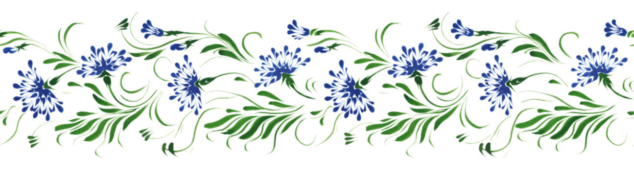 Vector floral seamless border pattern from hand painted blue carnation flowers on a white background