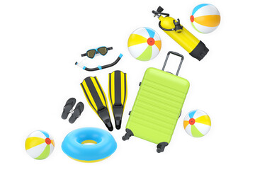 Travel suitcase, snorkeling set, flippers, scuba tank, beach balls, and float ring on white background. Concept of summer vacation © Vasyl Onyskiv