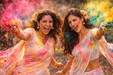 Two Young Women Celebrating Vibrant Holi Rangpanchami dhulivandan Together