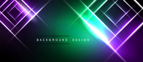 Obraz premium Abstract neon lights create vibrant gradient background. Geometric shapes intersect, forming dynamic visual effect. Dark space surrounds bright center.