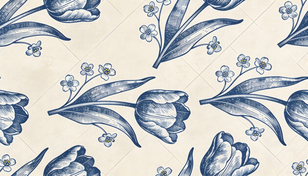 Vintage Blue Tulip and Forget- Me- Not Floral Pattern on Textured Background Keywords: floral pattern