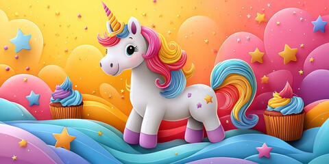 Naklejka premium Cartoon colorful with unicorns, stars, and cupcakes, a magical birthday celebration