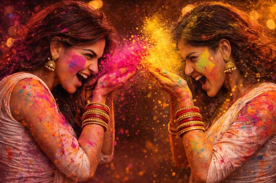Two Young Women Celebrating Vibrant Holi Rangpanchami Together