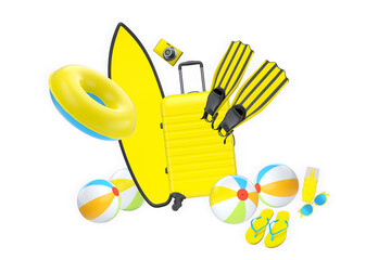 Assortment of bright beach and travel items including suitcase, surfboard, and toys isolated on white background, summer concept © Vasyl Onyskiv