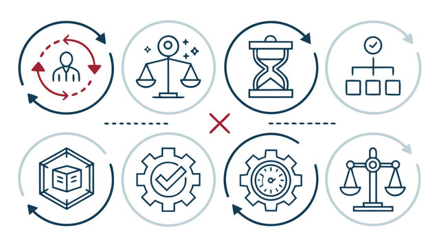 A set of icons representing business concepts, including balance, time, and validation, arranged in a grid with circular frames and arrows