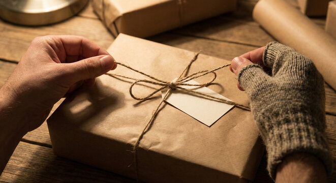 Hands tying twine on kraft wrapped gift with blank tag on wooden table