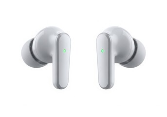 Pair of white wireless earbuds isolated on white background