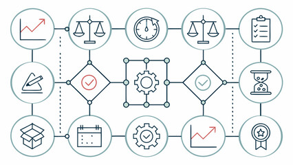 Obraz premium Workflow automation concept with gears, hourglass, scales of justice, calendar, and growth charts representing business process optimization and efficiency