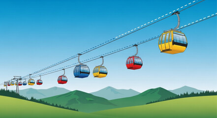 Colorful cable cars moving on a sunny day over green hills. © Akik