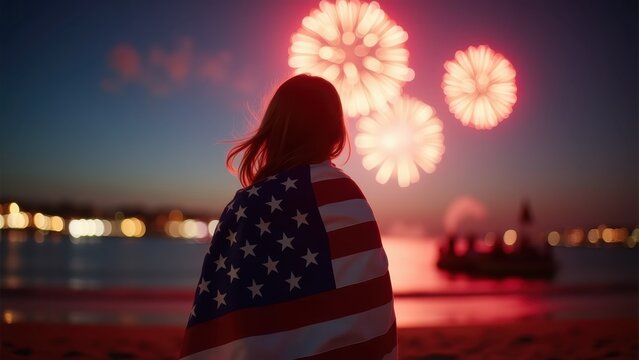 Woman watching fireworks wrapped in american flag, evening sky with colorful sunset and bokeh city lights in background, concept of independence day, patriotic holidays